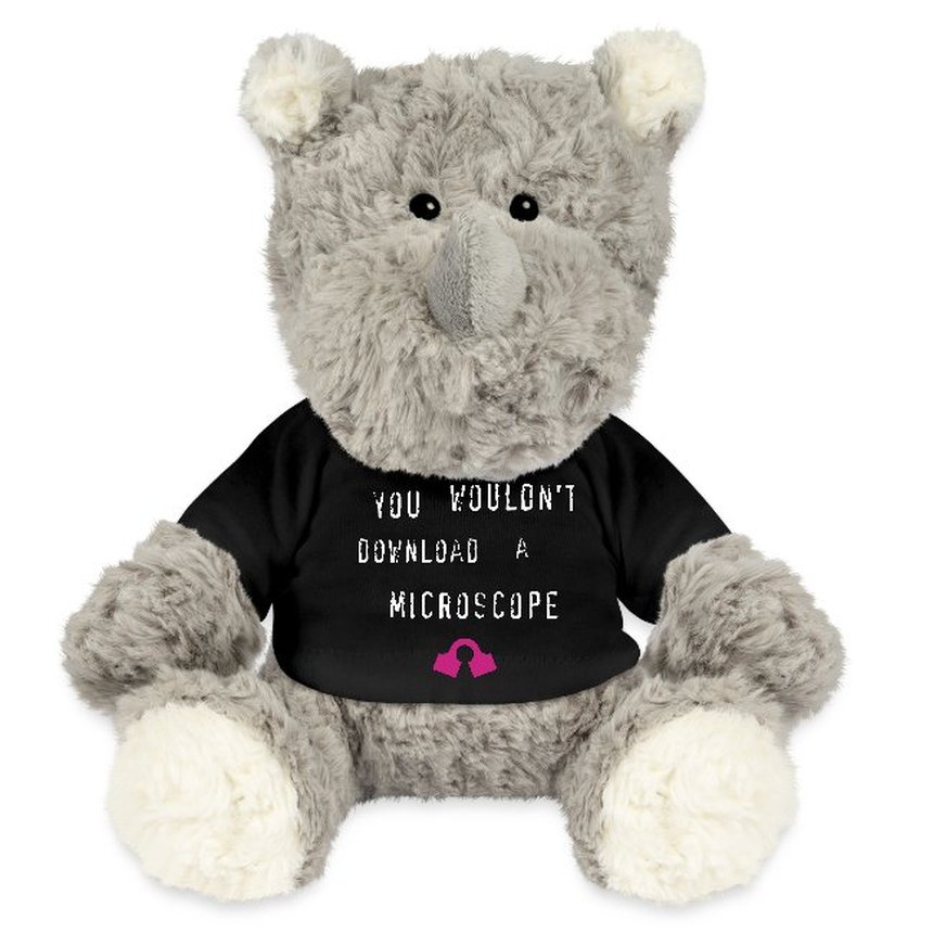 An OpenFlexure branded cuddly rhino
